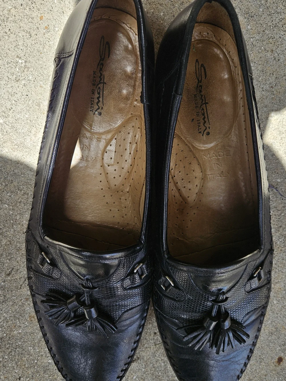 Santoni Black Leather Lizard Trim Tassel Loafers Shoes Italy Men's US 12 B